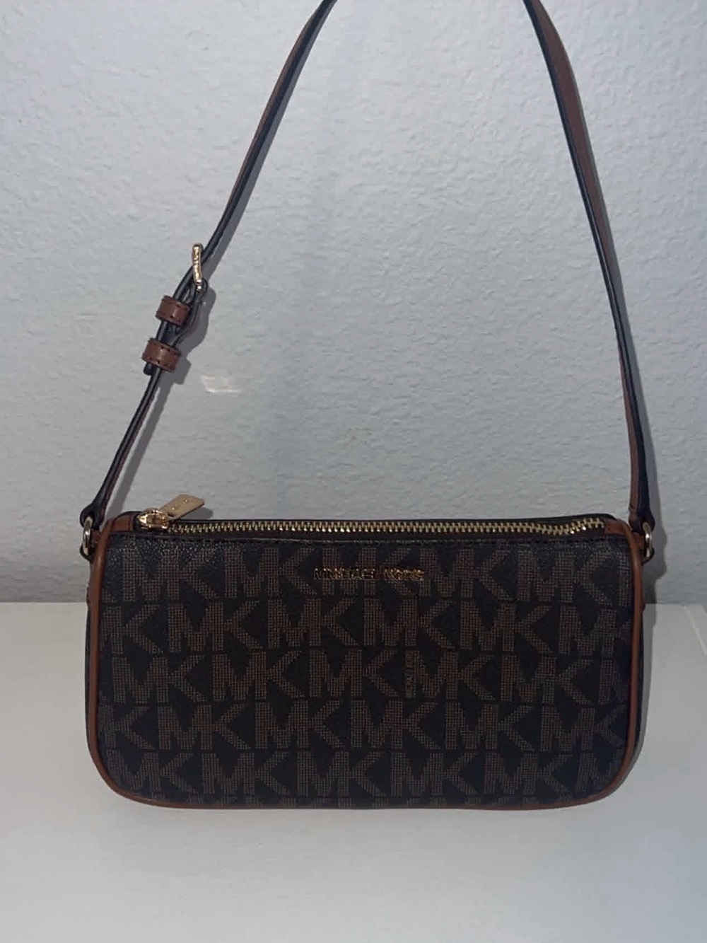 Michael Kors Dark Brown MK Monogram Shoulder Bag with Tan Trim